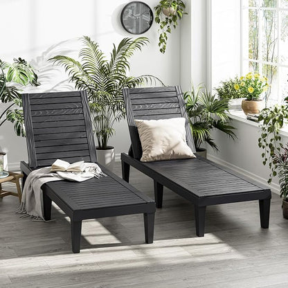 Outdoor Lounge Chairs Set of 2, 5-Position Adjustable Tanning Chairs with Wood Grain, All-Weather Resin Patio Recliners for Pool, Garden, Deck, Beach, Patio Lounge Chairs, Texture Black