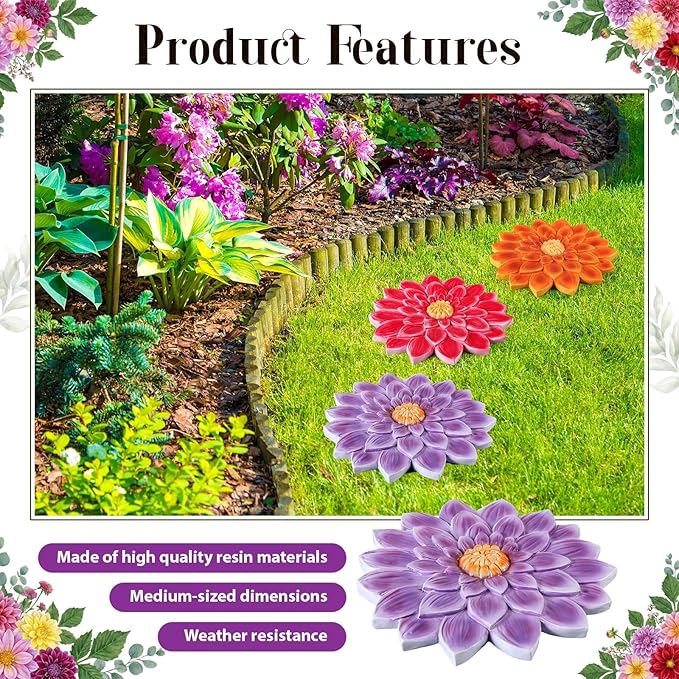 Cinnvoice 3 Pack Garden Stepping Stone Outdoor, Decorative Dimensional Resin Stepping Stones for Patio Pathway Landscaping Walkway Sculpture Yard Backyard Lawn(Dahlia,10 Inches)
