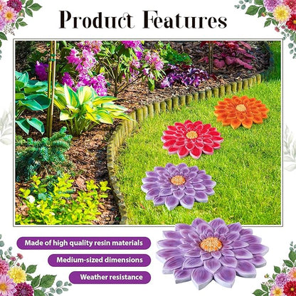 Cinnvoice 3 Pack Garden Stepping Stone Outdoor, Decorative Dimensional Resin Stepping Stones for Patio Pathway Landscaping Walkway Sculpture Yard Backyard Lawn(Dahlia,10 Inches)