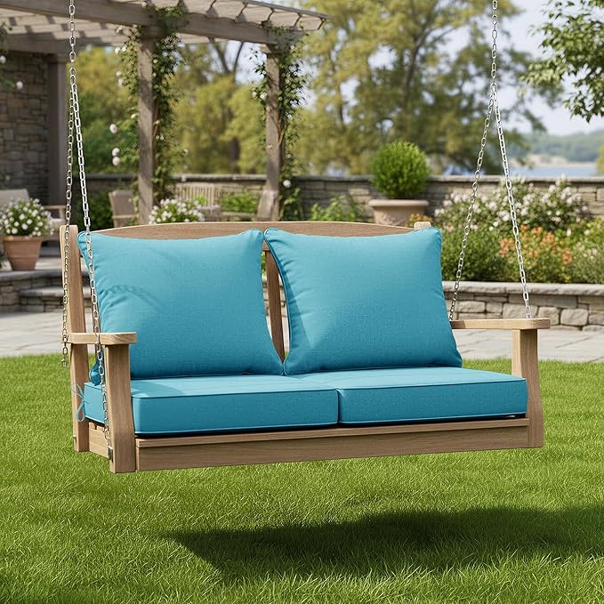 Summsun Faux Linen Outdoor Chair Cushions, Water Resistant Backrest and Seat Cushion Set with Removable Cover, Straps, Non-Slip Bottom for Patio Furniture, 19 x 19 Inch, Teal, Set of 2