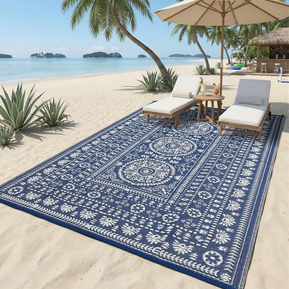 Garvee Reversible Outdoor Rug 6x9 for Patio, Waterproof Outdoor Area Rug, Modern Medallion Indoor Outdoor Rugs, Plastic Straw Rug for RV, Camping, Deck, Vintage Navy