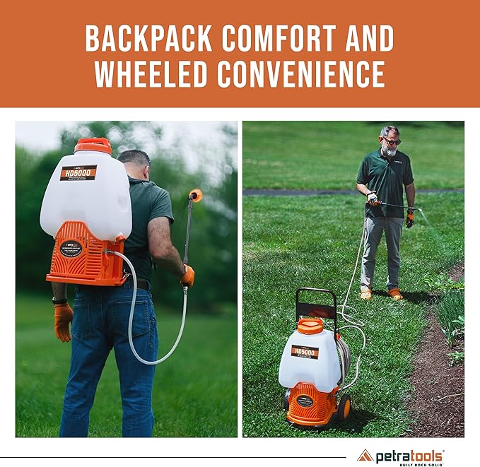 PetraTools Powered Backpack Sprayer with Custom Fitted Cart and 100 Foot Commercial Hose, 2 Hoses Included, Commercial Quality Heavy Duty Sprayer (6.5 Gallon Cart)