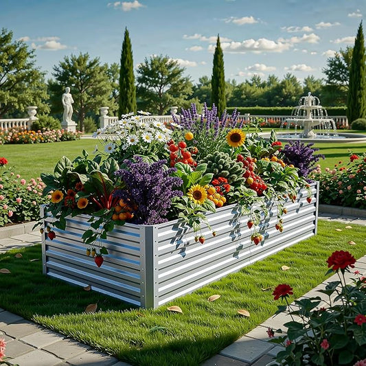 YITAHOME 6x3x2ft Large Raised Garden Bed Kit, Galvanized Metal Planter Box with Gloves, Support Rod, Outdoor Above Ground Planters for Plants, Vegetables, Flowers, Silver