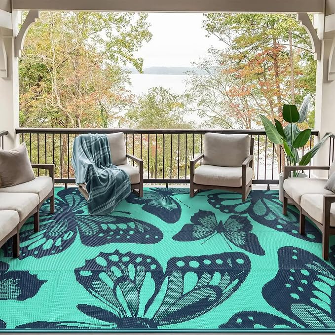 Anidaroel Butterfly Outdoor Rug 8X10 Patio Waterproof, Reversible Plastic Straw Outside Area Rug, Large Outdoor Area Rug for Deck, Camper, Backyard, Picnic(Green,8‘X10')