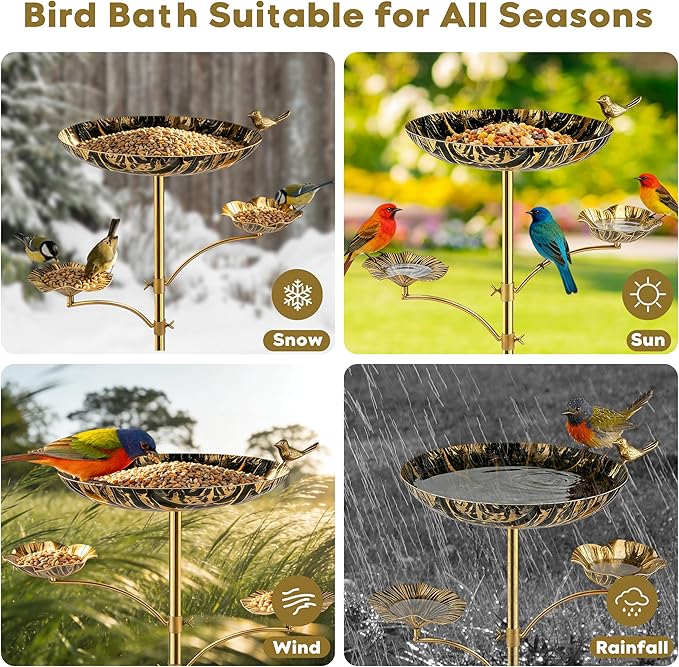HUFAND Triple Bowl Bird Bath for Outside, 3-in-1 Bird Bath & Feeder with 4-Claw Ground Stake, 51in Height, 11.8in Large Top Bowl, Outdoor Birdbath for Garden Patio Yard Decor, Black Gold