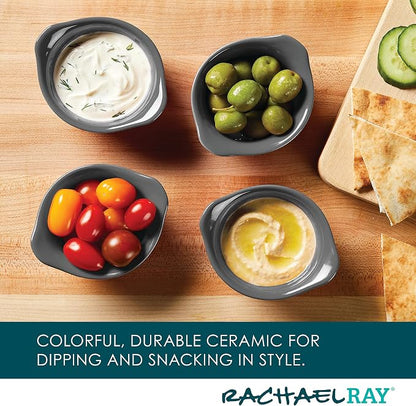 Rachael Ray Solid Glaze Ceramics Round Ramekins/Dipping Cup Set, 4 Piece, Gray