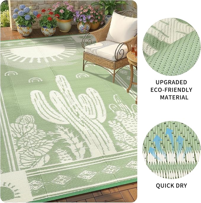 Garvee Waterproof Outdoor Rug 5x8, Cactus Botanical Outdoor Plastic Straw Rug for Camping, Reversible RV Mat Outside, Indoor Outdoor Carpet for Porch, Deck, Backyard, Balcony, Picnic, Sage Green
