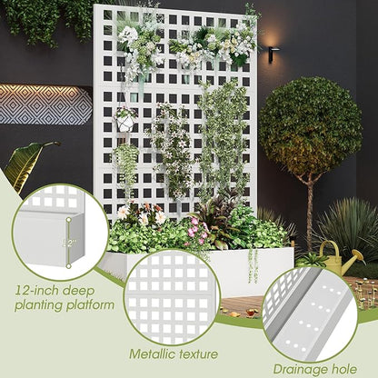 Metal Planter Box with Trellis, 71"x 47"x 16" Raised Garden Bed with Trellis, Planter Box Trellis with Privacy Screen and Drainage Holes, White