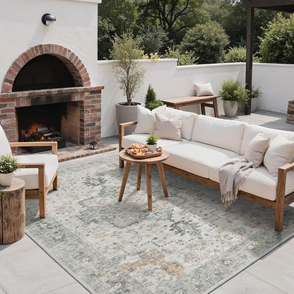 GENIMO Outdoor & Indoor Area Rug 4'x6', Waterproof, Non-Shedding, Easy Cleaning, Boho Mat for Patio, Living Room, Balcony, Dining Room, RV, Deck, Bedroom, Camping, Outside Carpet,Light Grey Brown