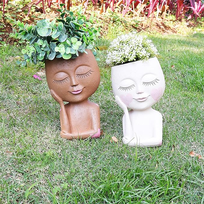 Cute Girl Face Plant Pot Resin Succulent Flower Pot Head Planter Pot for Home Decor Large Plant Holder with Drainage Hole for Indoor and Outdoor