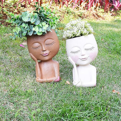Cute Girl Face Plant Pot Resin Succulent Flower Pot Head Planter Pot for Home Decor Large Plant Holder with Drainage Hole for Indoor and Outdoor
