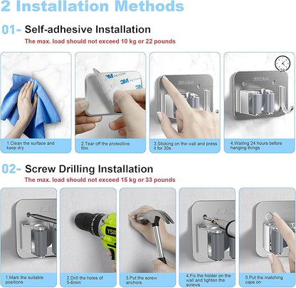 4 Pack Stainless Steel Mop and Broom Gripper with Hook, Screw Drilling or Self Adhesive Mop and Broom Holder Wall Mount, Storage Rack for Closet Laundry Garage Garden Tool Organizer, Silver
