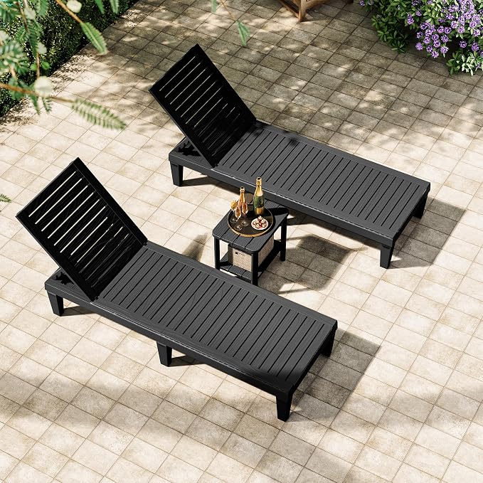 Outdoor Lounge Chair Set of 2 with 1 Black Side Table, 5-Positions Adjustable Patio Chaise Lounge with End Table, Waterproof Pool Lounge Chairs for Poolside, Backyard, Striped Black