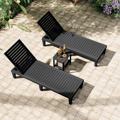 Outdoor Lounge Chair Set of 2 with 1 Black Side Table, 5-Positions Adjustable Patio Chaise Lounge with End Table, Waterproof Pool Lounge Chairs for Poolside, Backyard, Striped Black