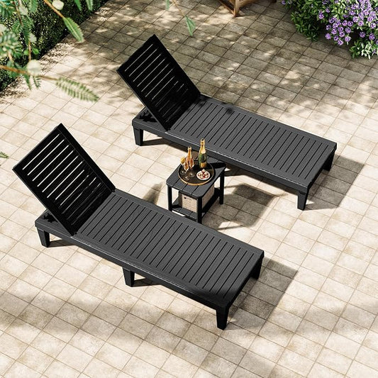 Outdoor Lounge Chair Set of 2 with 1 Black Side Table, 5-Positions Adjustable Patio Chaise Lounge with End Table, Waterproof Pool Lounge Chairs for Poolside, Backyard, Striped Black