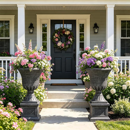 22" Timeless Urn Planters for Outdoor Plants, Set of 2 Plastic Large Flower Pot with Handmade Washed Black Finish, Weather-Resistant for Porch, Garden, Patio or Indoor Use