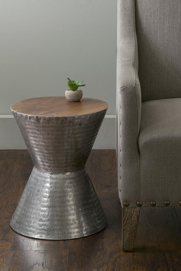 East at Main Lupton Side Table 14"x14"x18" Silver Metal with Teak Wood Top. Unique End Table Handmade with Metal Sides
