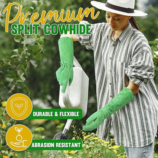 HANDLANDY Leather Gardening Gloves, Thorn Proof Long Gauntlet Heavy Duty Garden Gloves, Elbow Length Rose Pruning Weeding Yard Glove (Medium, Green)