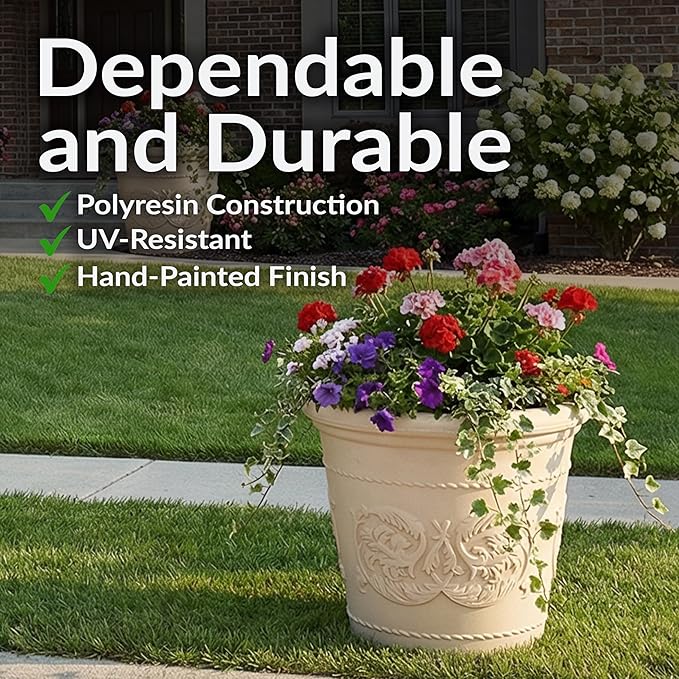 Sunnydaze 19.5-Inch Arabella Large Plastic Pot for Plants - Outdoor Double-Walled Polyresin Large Plastic Planter with Drillable Drainage Holes - Antique White