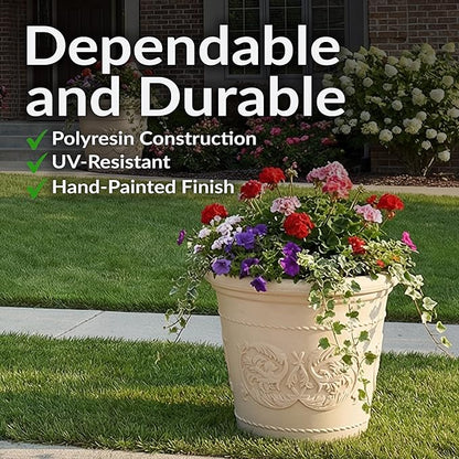 Sunnydaze 19.5-Inch Arabella Large Plastic Pot for Plants - Outdoor Double-Walled Polyresin Large Plastic Planter with Drillable Drainage Holes - Antique White