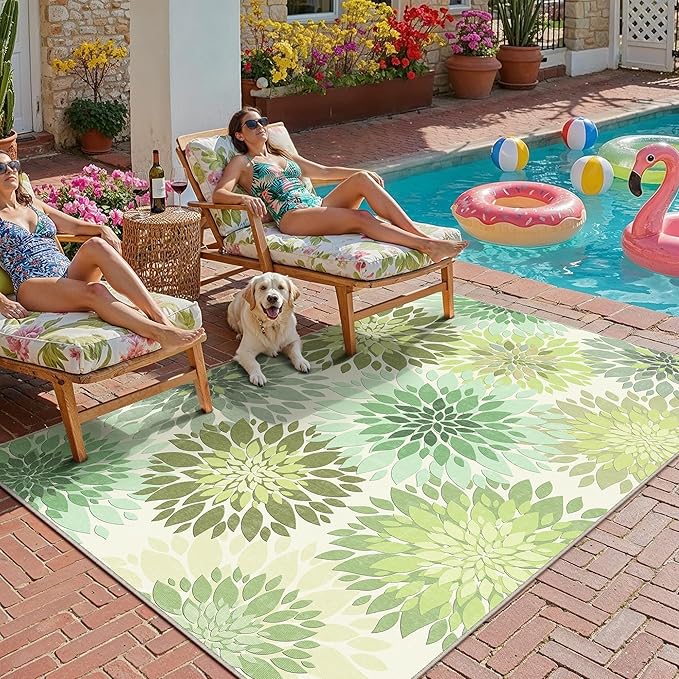 5x7 Indoor Outdoor Area Rug Washable Patio Rug Green Non Slip Non Shedding Waterproof Carpet for Living Room Bedroom Backyard Porch Camping RV Balcony Poolside