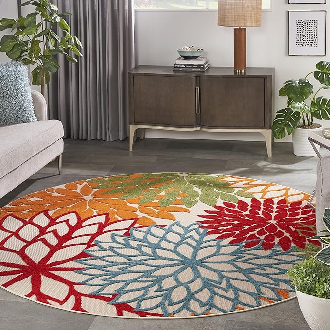 Nourison Home Aloha Indoor/Outdoor Green 7'10'' x Round Area-Rug, Tropical, Botanical, Easy Clean, Non Shedding, Bed Room, Living Room, Dining Room, Deck, Backyard, Patio (8 Round)