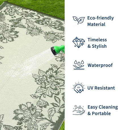 Garvee Outdoor Rugs 9' x 18’ Waterproof Reversible Mats, Large Area Plastic Straw Rug, Outside Carpet, Butterfly Floral Rv Mat for Patio Camping Picnic Backyard Deck Balcony Porch Beach Trailer