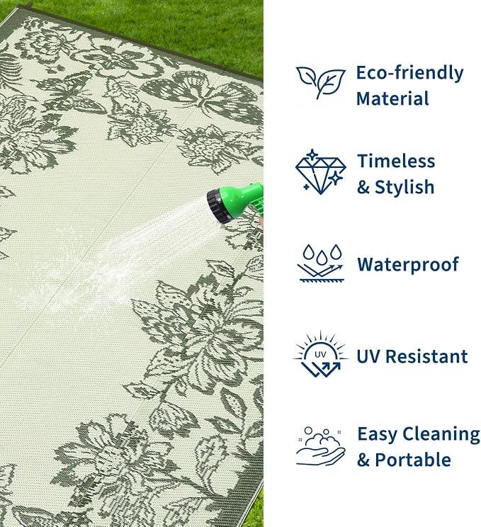 Garvee Outdoor Rugs 9' x 12’ Waterproof Reversible Mats, Large Area Plastic Straw Rug, Outside Carpet, Butterfly Floral Rv Mat for Patio Camping Picnic Backyard Deck Balcony Porch Beach Trailer