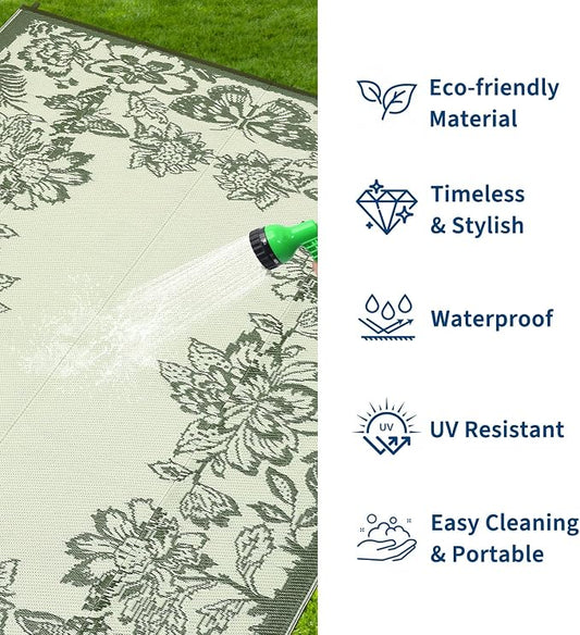 Garvee 5’x8’ Waterproof Patio Outdoor Rug, Outdoor Plastic Straw Rug for Camping, RV Mat Outside, Indoor Outdoor Carpet for Porch, Deck, Backyard, Balcony, Picnic, Ssage Green & White