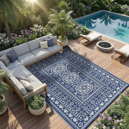 Garvee Reversible Outdoor Rug 6x9 for Patio, Waterproof Outdoor Area Rug, Modern Medallion Indoor Outdoor Rugs, Plastic Straw Rug for RV, Camping, Deck, Vintage Navy