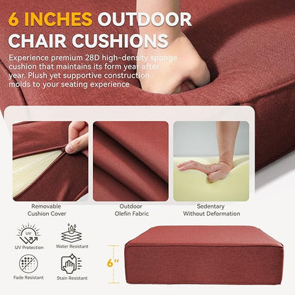 Outdoor Cushion Set for Furniture Patio Furniture, UV Resistant, Water Resistant - 6 Inch Thick Foam Garden Cushions– 24x24 Inch Patio Seat Covers for Chair/Sofa/Couch | Red | 10-Pack |