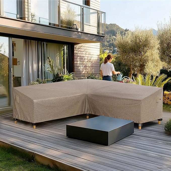 iBirdie Outdoor Patio Furniture Cover fit 112" x 87", 110" x 85", 108" x 84" L-Shaped Sectional Sofa, Waterproof Weatherproof Heavy Duty 600D Garden Cover for Outside L Shape Couch, Brown