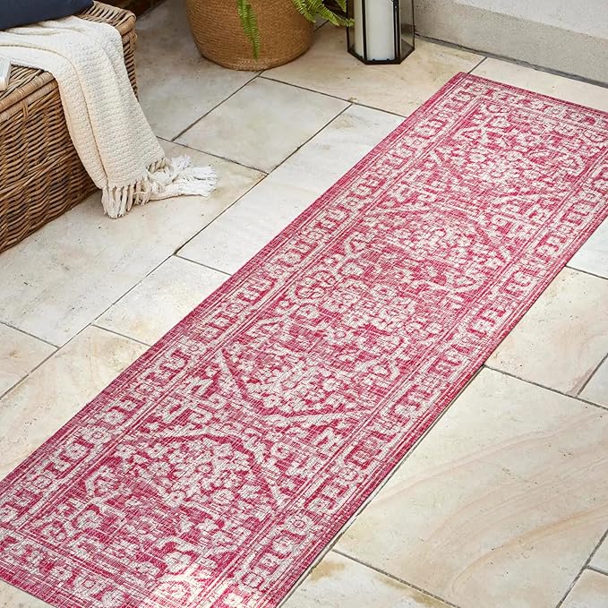 JONATHAN Y Boho Medallion Indoor Outdoor Runner Rug 2X8 Fuchsia/Light Gray, Malta Textured Weave for Backyard, Patio, Porch, Easy-Cleaning, High Traffic, Pet-Friendly, Non-Shedding (SMB104E-28)