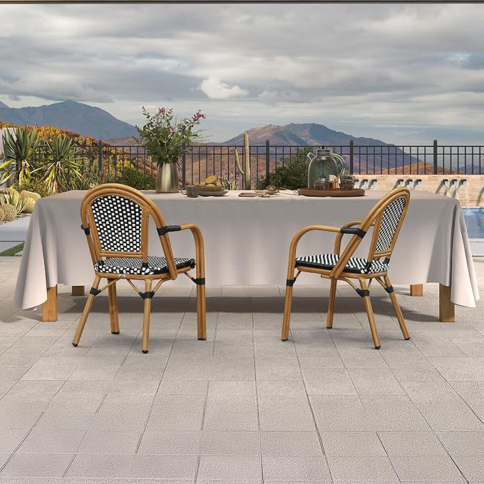 PURPLE LEAF French Bistro Chairs Set of 2 Aluminum Wicker Rattan Hand-Woven Armchairs Outdoor Dining Chairs for Patio Kitchen Garden Bamboo Print Finish Black White