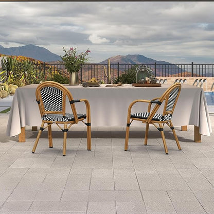 PURPLE LEAF French Bistro Chairs Set of 2 Aluminum Wicker Rattan Hand-Woven Armchairs Outdoor Dining Chairs for Patio Kitchen Garden Bamboo Print Finish Black White