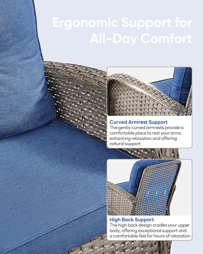 6 Pieces Patio Wicker Furniture Set-Outdoor Swivel Chairs Set of 2 Outdoor Glider Love seat with Outdoor Footstool Patio Furniture for Deck Porch Garden Balcony Poolside-Grey/Blue