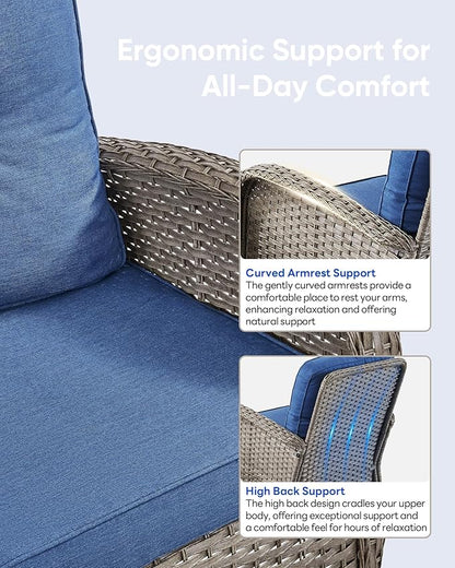6 Pieces Patio Wicker Furniture Set-Outdoor Swivel Chairs Set of 2 Outdoor Glider Love seat with Outdoor Footstool Patio Furniture for Deck Porch Garden Balcony Poolside-Grey/Blue