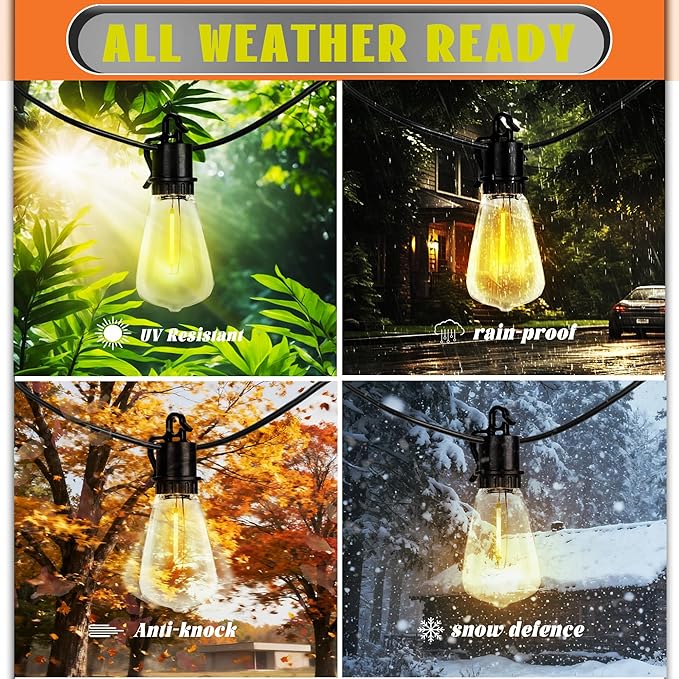 Outdoor Solar Waterproof Light String, 100FT Wire and 50 shatterproof Bulbs, dimmable Light Cannon with Remote Control, Suitable for Courtyard, Terrace, Balcony, Party Decoration Lighting