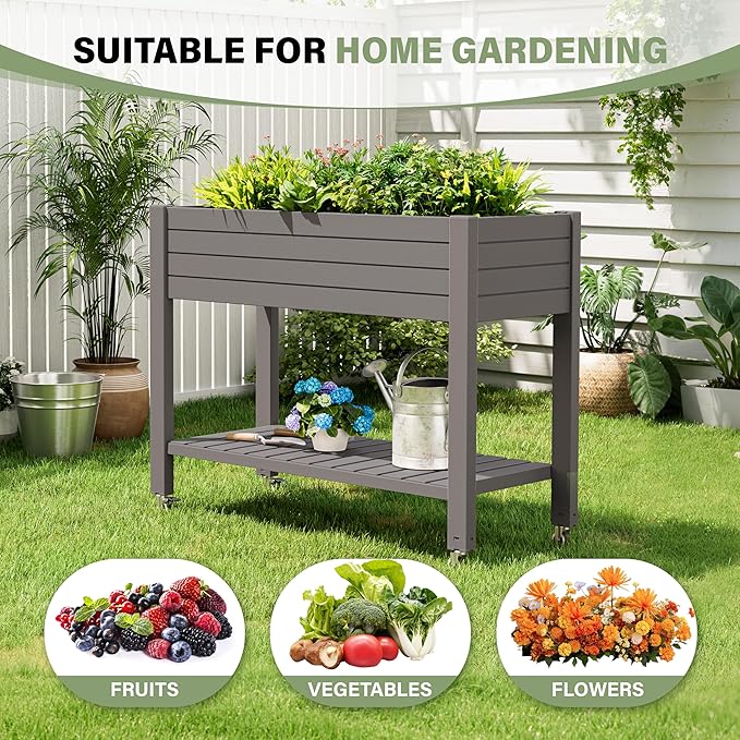 Raised Garden Bed with Wheels, Divisible Resin Planter Box with Drainage Gauge & Storage Shelf, Herb Planter for Garden Patio Backyard, Gray