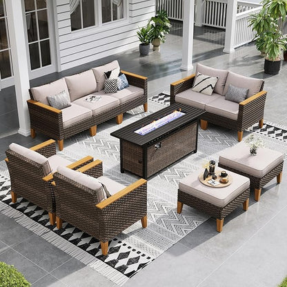 Sophia & William Patio Furniture Set with 56-Inch Fire Pit Table, 4 Corner Sofa, 3 Single Chairs, 2 x Ottoman, Outdoor Wicker Sectional Sofa Patio Conversation Set for Pool,Deck,Lawn (Beige)