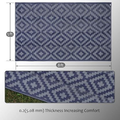 SAND MINE Reversible Mats, Plastic Straw Rug, Modern Area Rug, Large Floor Mat and Rug for Outdoors, RV, Patio, Backyard, Deck, Picnic, Beach, Trailer, Camping (5' x 8', Blue Grey Lattice)