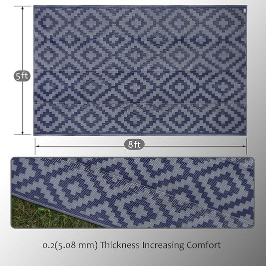SAND MINE Reversible Mats, Plastic Straw Rug, Modern Area Rug, Large Floor Mat and Rug for Outdoors, RV, Patio, Backyard, Deck, Picnic, Beach, Trailer, Camping (5' x 8', Blue Grey Lattice)