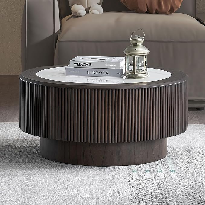 kevinplus ø35.43'' Round Faux Marble Coffee Table for Living Room, Modern Drum Circle Embossment Fluted Pedestal Wooden Coffee Table, No Assembly, Dark Brown