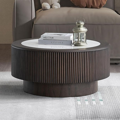 kevinplus ø35.43'' Round Faux Marble Coffee Table for Living Room, Modern Drum Circle Embossment Fluted Pedestal Wooden Coffee Table, No Assembly, Dark Brown