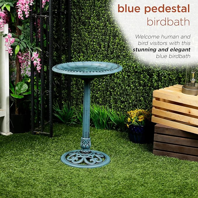 Alpine Corporation TEC116BL Pedestal Birdbath with Scrollwork Base and Ground Stakes, Décor for Lawn & Garden, 28" H, Blue