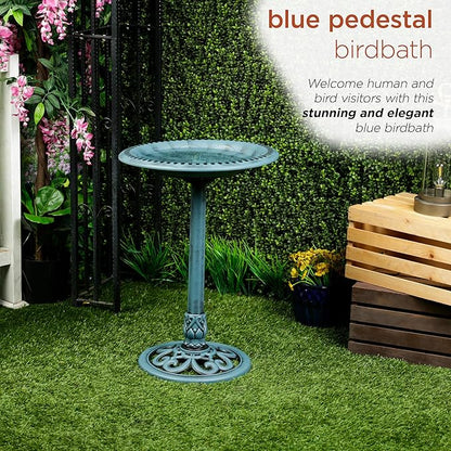 Alpine Corporation TEC116BL Pedestal Birdbath with Scrollwork Base and Ground Stakes, Décor for Lawn & Garden, 28" H, Blue