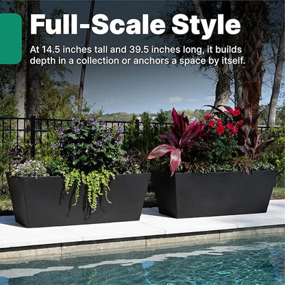Step2 Tremont Trough Planter, Large Planters for Outdoor Plants, Gardening and Flower Pot for Patio or Porch, Efficient Drainage, Durable Plastic, Black, 2-Pack