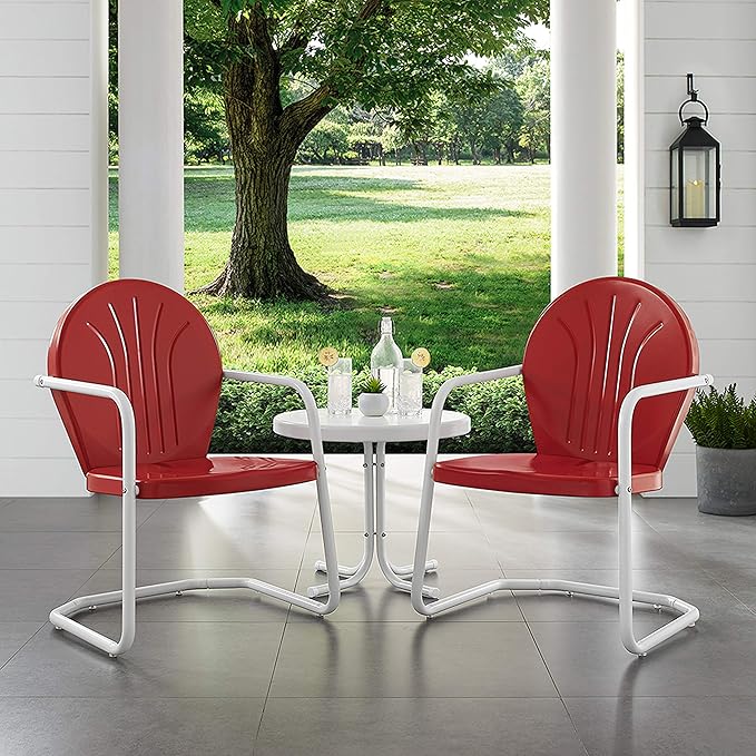 Crosley Furniture Griffith 3-Piece Outdoor Chair and Side Table Set, Retro Metal Bistro Patio Sets for Porch, Red
