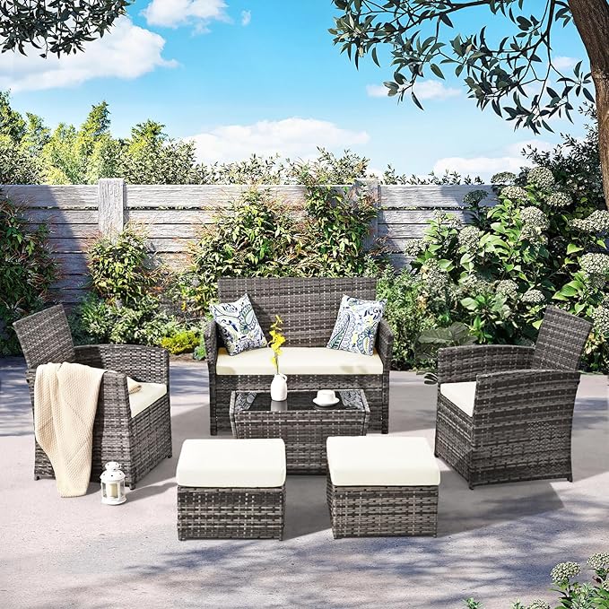 6 Piece Patio Furniture Set, Outdoor Wicker Conversation Set, Rattan Sectional Sofa Couch with Glass Coffee Table & Ottomans for Backyard, Porch, Garden, Poolside, Grey/Beige