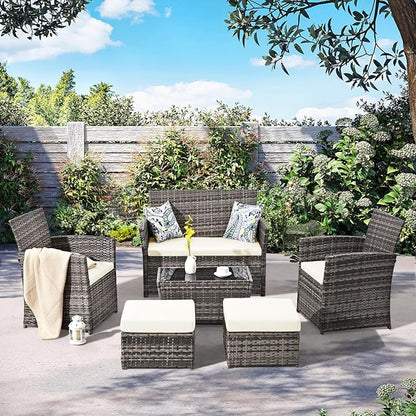 6 Piece Patio Furniture Set, Outdoor Wicker Conversation Set, Rattan Sectional Sofa Couch with Glass Coffee Table & Ottomans for Backyard, Porch, Garden, Poolside, Grey/Beige